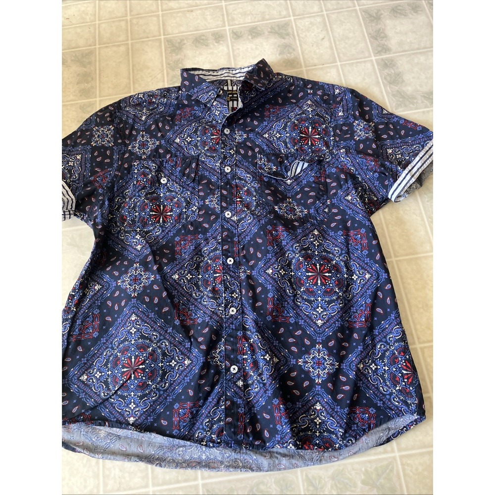 English Laundry Mens Navy Blue Red Paisley Short Sleeve Button Down Shirt XL